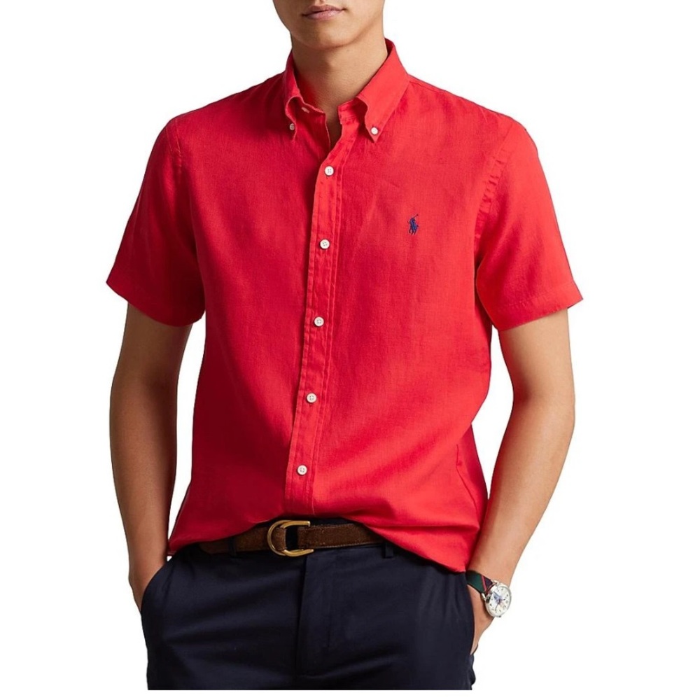 Polo by Ralph Lauren Men's Petal Red Linen Short Sleeved Shirt